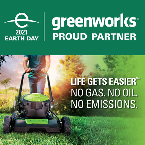 Person using a green electric lawn mower on grass, Greenworks branding, Earth Day 2021 promotion, environmental message