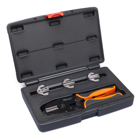 Ratcheting Crimping Tool Set Five Piece for Heat Shrink Connectors Nylon Non Insulated Ferrule Terminals Pro Grade Wire Crimper Kit for Easy Clean Crimps