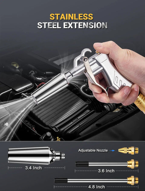 Pro Grade Heavy Duty High Volume Air Blow Gun With Powerful Venturi Nozzle Brass Adjustable Air Nozzle in use with steel extension