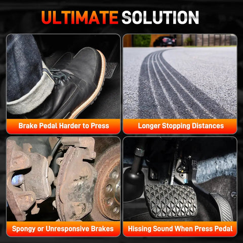 Symptoms of failed brakes: harder brake pedal, longer stopping distances, spongy brakes, and hissing sound when pressed.