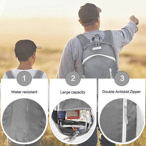35L Foldable Waterproof Backpack For Outdoor Adventures Equipped With Wet Clothes Compartment Ultra Lightweight Travel Daypack in use outdoors showcasing water resistance, large capacity, and double antiskid zipper features.