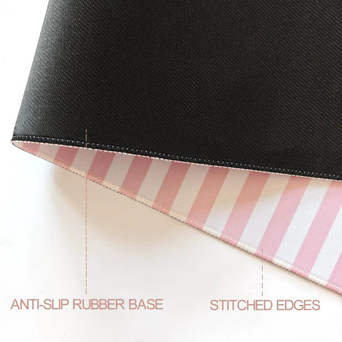 Pastel Pink Striped Desk Mat XXL Large Gaming Mouse Pad showing anti-slip rubber base and stitched edges for home office decor