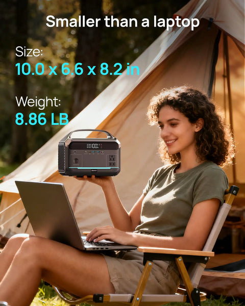 Woman holding Solar Generator With 80W Panel And 288Wh LiFePO4 Battery, 600W Inverter, 110V AC Outlet near tent and laptop