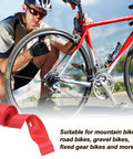 Cyclist adjusting red bike, Two Pack 16 Inch TPU Rim Strips Puncture Proof Tire Liner for Mountain and Road Bikes displayed in corner.