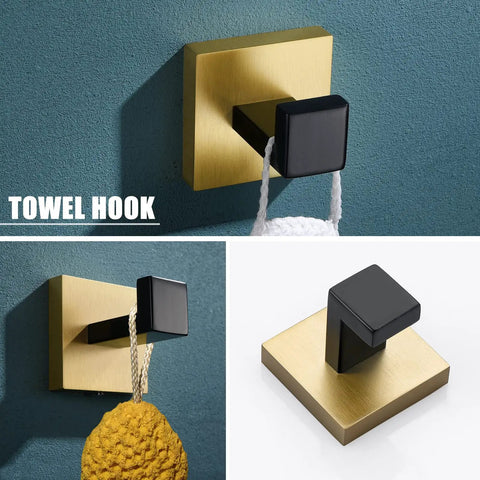 Dope Five Piece Black And Gold Bathroom Hardware Set With 23.6 Inch Towel Bar Wall Mount Sturdy Rustproof Stainless Steel Kit Includes Towel Bar Toilet Paper Holder Towel Ring And Two Coat Hooks showing gold and black towel hook.