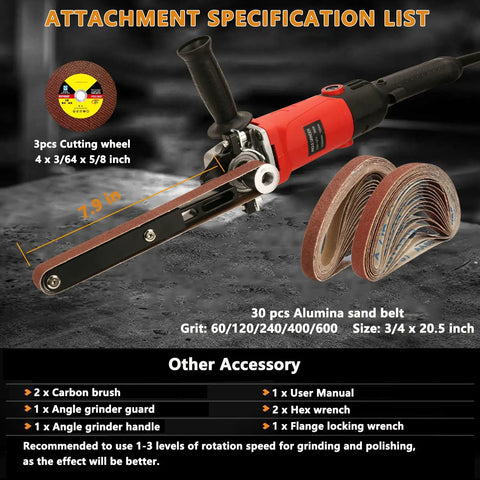 Heavy Duty Belt Sander With Six Variable Speeds And 1080 Watt Motor showing attached sand belt and cutting wheels.
