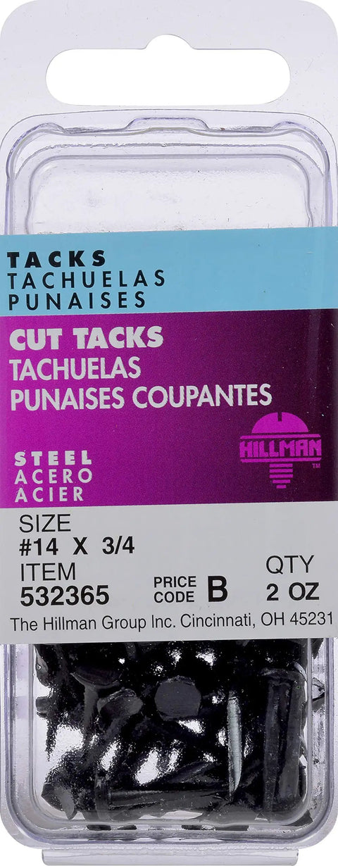 Blued Steel Upholstery Cut Tacks For Furniture And Wood Fastening, 3/4 inch, 14 gauge, 2 oz tin pack, ideal for crafts and repairs.