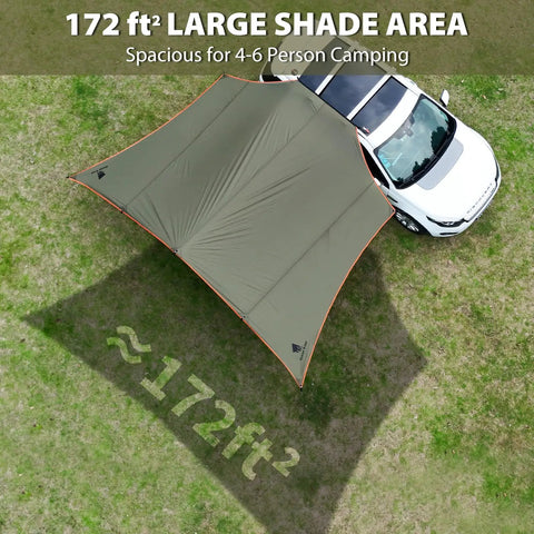 Oversize Car Side Camping Awning 11 By 19 Feet For SUV Truck shown in use, providing large sun shade area beside vehicle.