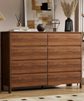 Mid Century Modern Dresser Boasting Eight Spacious Drawers And A Rich Walnut Finish Resting On Robust Wood Legs in well-decorated room.