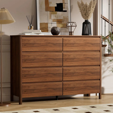 Mid Century Modern Dresser Boasting Eight Spacious Drawers And A Rich Walnut Finish Resting On Robust Wood Legs in well-decorated room.