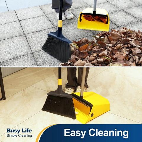 Heavy Duty Commercial Dustpan With Built In Comb For Hair Removal, indoor outdoor use, large yellow dustpan in courtyard and lobby