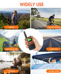 Long Range Walkie Talkies For Adults 2 Pack With 22 FRS Channels 99 CTCSS Privacy Tones VOX LCD Display And LED Flashlight For Hiking Camping And Family Backcountry Adventures Orange with hiking, motorcycling, camping, road trip, fishing, and cruise ship views