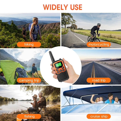 Long Range Walkie Talkies For Adults 2 Pack With 22 FRS Channels 99 CTCSS Privacy Tones VOX LCD Display And LED Flashlight For Hiking Camping And Family Backcountry Adventures Orange with hiking, motorcycling, camping, road trip, fishing, and cruise ship views