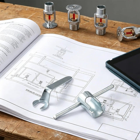 Top Shelf Heavy Duty Steel Fire Sprinkler Wrench For Recessed Heads Built To Last With A Kickass Design shown with plans on wood table.