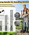 Man using Heavy Duty Post Hole Digger With 55 Inch Handle And Dual Sharp Blades for soil plugging and root cutting in garden.