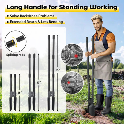 Man using Heavy Duty Post Hole Digger With 55 Inch Handle And Dual Sharp Blades for soil plugging and root cutting in garden.