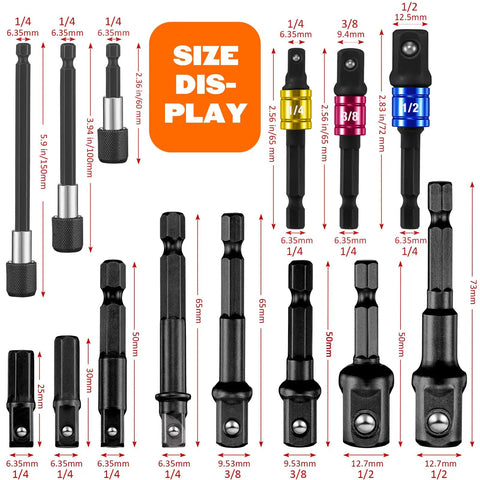 Flexible Drill Bit Extension Kit With Bendable Magnetic Extender And 1/4 3/8 1/2 Inch Hex Socket Adapters size comparison