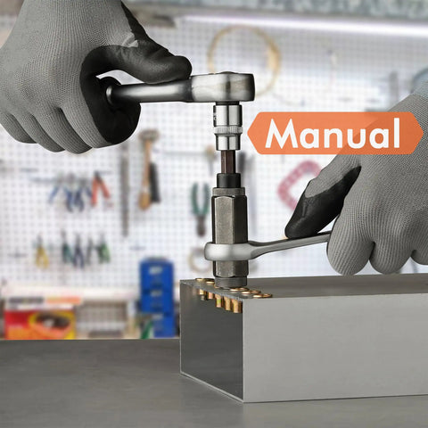 Rivet Nut Installation Tool Set for Metal Projects, heavy duty kit with flat head rivnut inserts being used on a metal sheet.