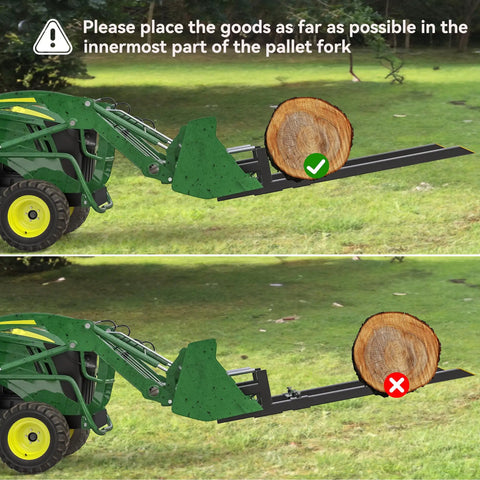 Correct and incorrect positioning of a log on 60 Inch Clamp On Pallet Forks With Adjustable Stabilizer Bar For Tractor Buckets And Skid Steers Heavy Duty 2000 Lbs Capacity Quick Attach Forks For Load Lifting And Moving Heavy Pallets, emphasizing safe load handling.
