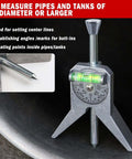 Pipe center finder tool, metal with 4-inch Y-type base, dial protractor and bubble level (front view)