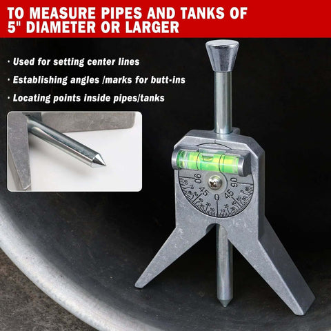 Pipe center finder tool, metal with 4-inch Y-type base, dial protractor and bubble level (front view)