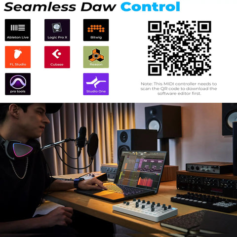 Musician using Wireless MIDI Controller Mixer With 43 Backlit Buttons And USB MIDI Keyboard For PC And Mac in home studio.