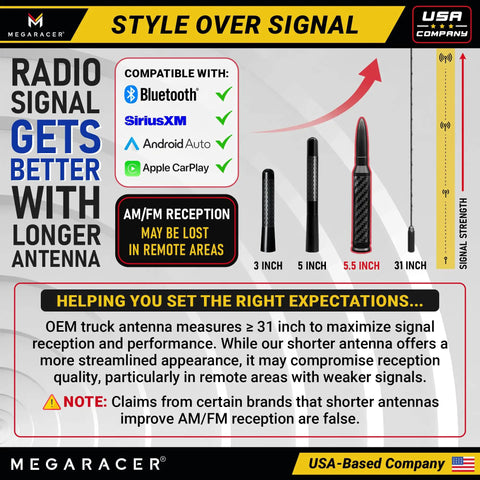 Premium Anodized Carbon Fiber 50 Cal Bullet Antenna For Ford F150 F250 Truck showcases various antenna sizes for optimal radio reception.