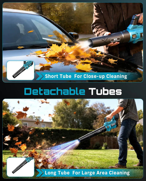 Man using 40V Cordless Leaf Blower With 650 CFM And 160 MPH Beastly Power, Brushless Motor, showing detachable tubes.