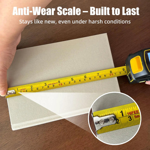 No Fuss 4 In 1 Laser Tape Measure With Slick 328ft Digital Distance Meter showing anti-wear scale measuring a surface.