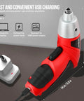 19-Piece 3.6V USB Cordless Power Screwdriver Kit showing USB-C charging connection for quick charging.