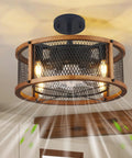 Dope Industrial Farmhouse Ceiling Fan With Lights, Caged Wood Design, Remote Control, 6 Speed Low Profile Indoor Ceiling Fan
