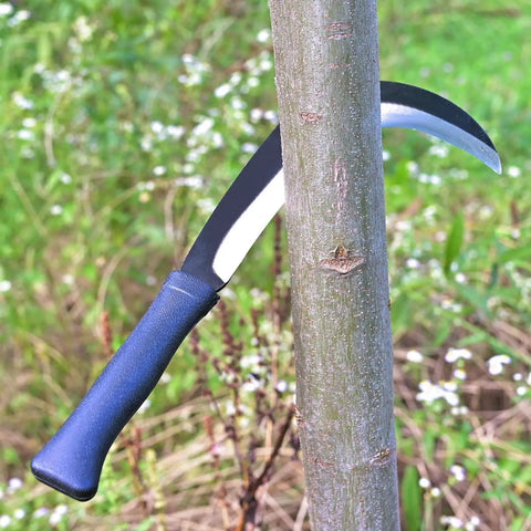 Beast Mode Machete Sickle For Weed Removal And Grass Clearing With Magnetic Long Handle, carbon steel blade against tree