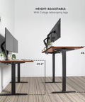 Pro Grade 60 Inch Electric Standing Desk With Adjustable Height And Memory Presets Smooth Hazelnut Woodgrain Finish Rock Solid Black Frame For Daily Grind Setup showing height adjustability from 29.3 to 48.2 inches.