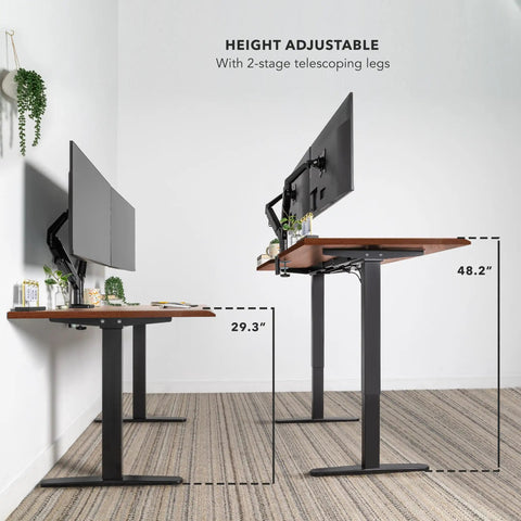 Pro Grade 60 Inch Electric Standing Desk With Adjustable Height And Memory Presets Smooth Hazelnut Woodgrain Finish Rock Solid Black Frame For Daily Grind Setup showing height adjustability from 29.3 to 48.2 inches.