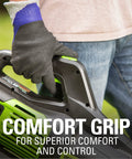 Close-up of hand gripping Heavy Hitter 80V Electric Leaf Blower With Brushless Motor, showing comfort grip for control.