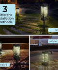 Solar Powered Pathway Lights Outdoor 10 Pack Waterproof LED Landscape Warm White shown in three installation methods.