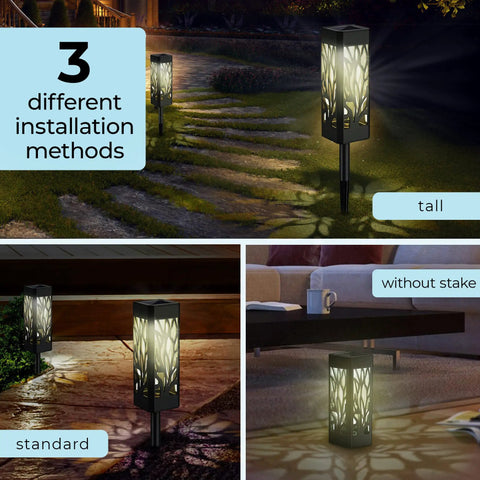 Solar Powered Pathway Lights Outdoor 10 Pack Waterproof LED Landscape Warm White shown in three installation methods.