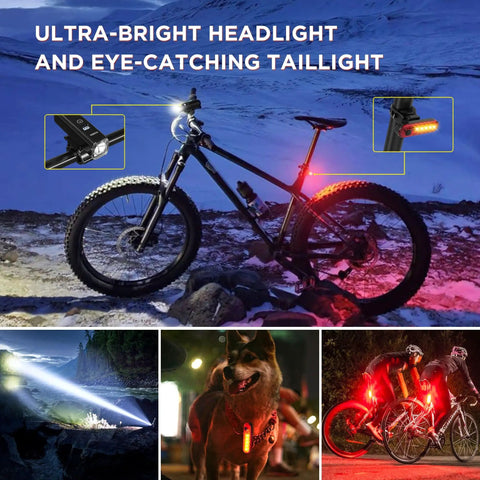 Beefed Up 1200 Lumen Bike Light Set With Front Headlight And Rear Taillight, Rechargeable 6000mAh Battery, Aluminum Build, Waterproof IPX4, LED Display, 6 Quick Modes Plus 4 Flash Modes For Night Riding