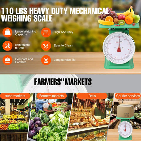 Heavy Duty Portion Control Mechanical Kitchen And Food Scale With Stainless Steel Platform 110 Lbs Capacity Industrial Dial Scale For Precise Weighing And Rugged Performance For Everyday Use displayed in supermarket setting