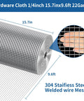 Rock Solid 304 Stainless Steel Hardware Cloth Mesh 1/4 Inch 22 Gauge roll showing dimensions of 15.7in x 9.6ft for enclosures.