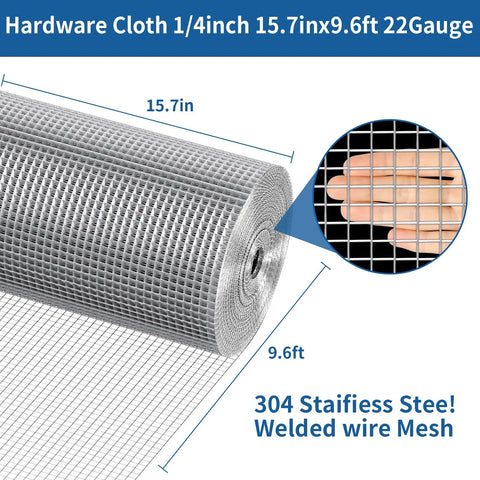 Rock Solid 304 Stainless Steel Hardware Cloth Mesh 1/4 Inch 22 Gauge roll showing dimensions of 15.7in x 9.6ft for enclosures.