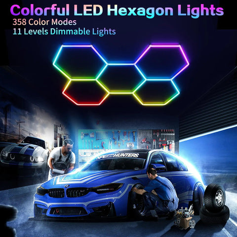 Hexagon LED Garage Lights 240W With Music Sync And 356 Color Modes 24 Pack Bright Honeycomb Panels in a garage setting.