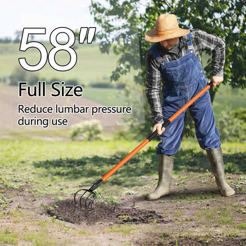 Person using Heavy Duty Garden Cultivator With 4 Tines And Fiberglass Handle, 58 Inch Steel Forged Head for weeding soil
