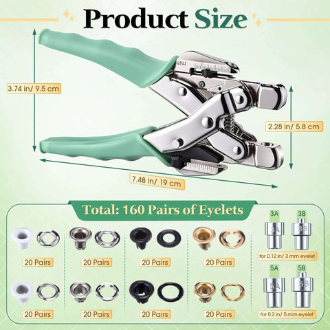 All In One Grommet Eyelet Pliers Kit For 3mm And 5mm Eyelets Includes 160 Metal Grommets And Case Heavy Duty Rivet Press