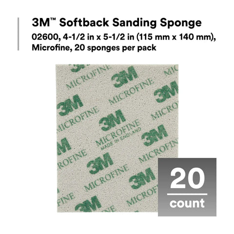 Close-up of Softback Sanding Sponge 4.5 x 5.5 Inches, 20 Pack, Microfine Grit with 3M logo and Microfine label.
