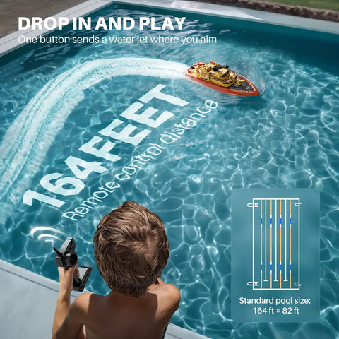 Child operating Awesome Remote Control Fireboat RC Boat in a pool demonstrating 164 feet distance range