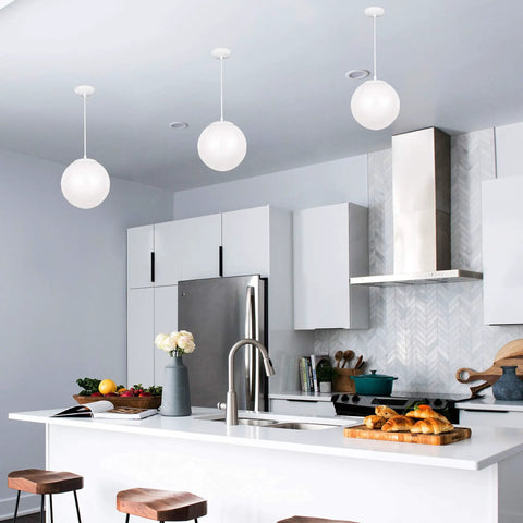 Leo Hanging Globe Pendant Light Contemporary One Light Fixture In White Finish for kitchen island ambience