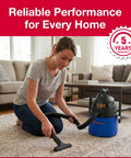 Woman using Wet Dry Shop Vac With 3 Gallon Tank And 2.0 Peak HP Motor on carpet in living room, blue and black design