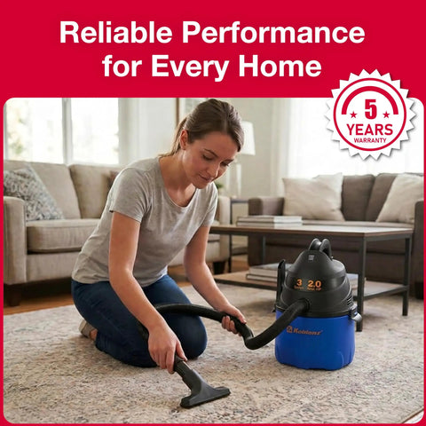 Woman using Wet Dry Shop Vac With 3 Gallon Tank And 2.0 Peak HP Motor on carpet in living room, blue and black design