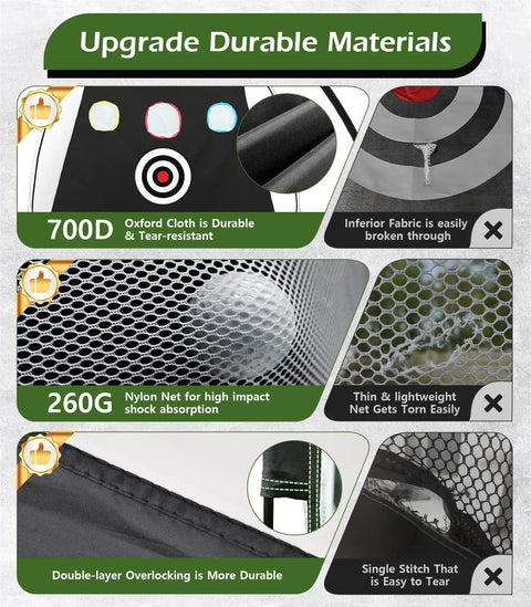 Diagram showing durable materials used in Home Golf Net 10x7ft Set with Foldable Tri Turf Mat and Training Target for Backyard Practice
